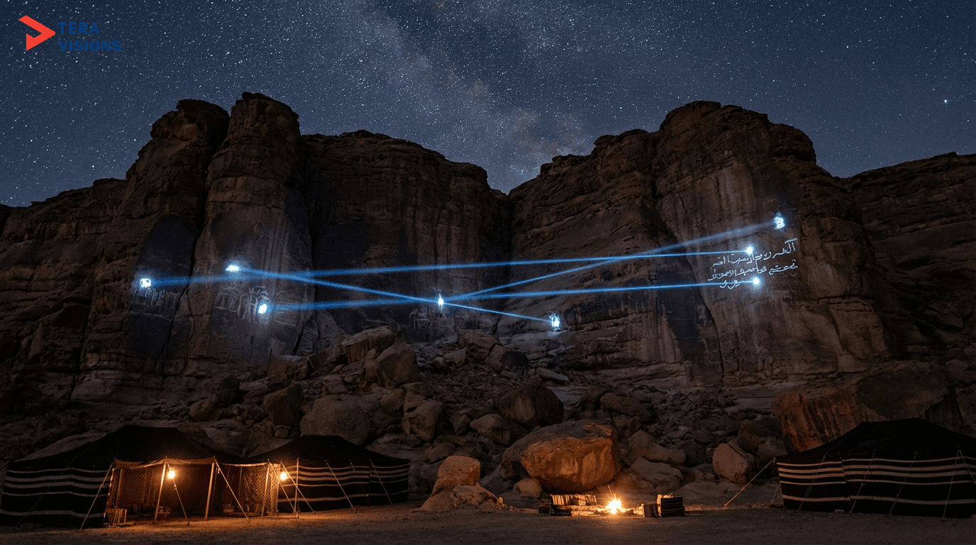 Enchanting night scene of the rocky "طويق" (Tuwaiq) mountains with faint blue laser lighting tracing historical inscriptions.