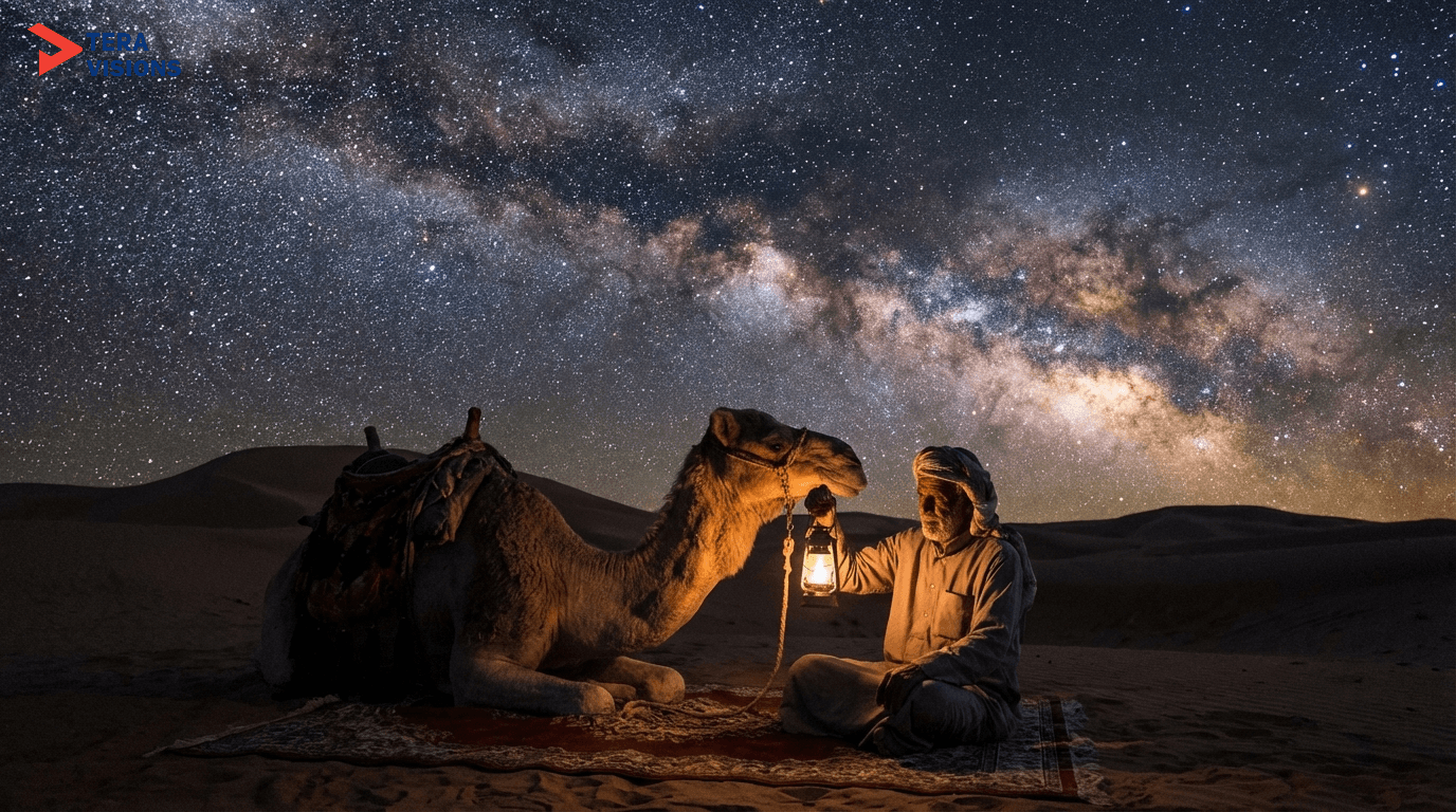 Same scene of the Bedouin man in the desert but at night. Stars with the Milky Way, dim lantern lighting.