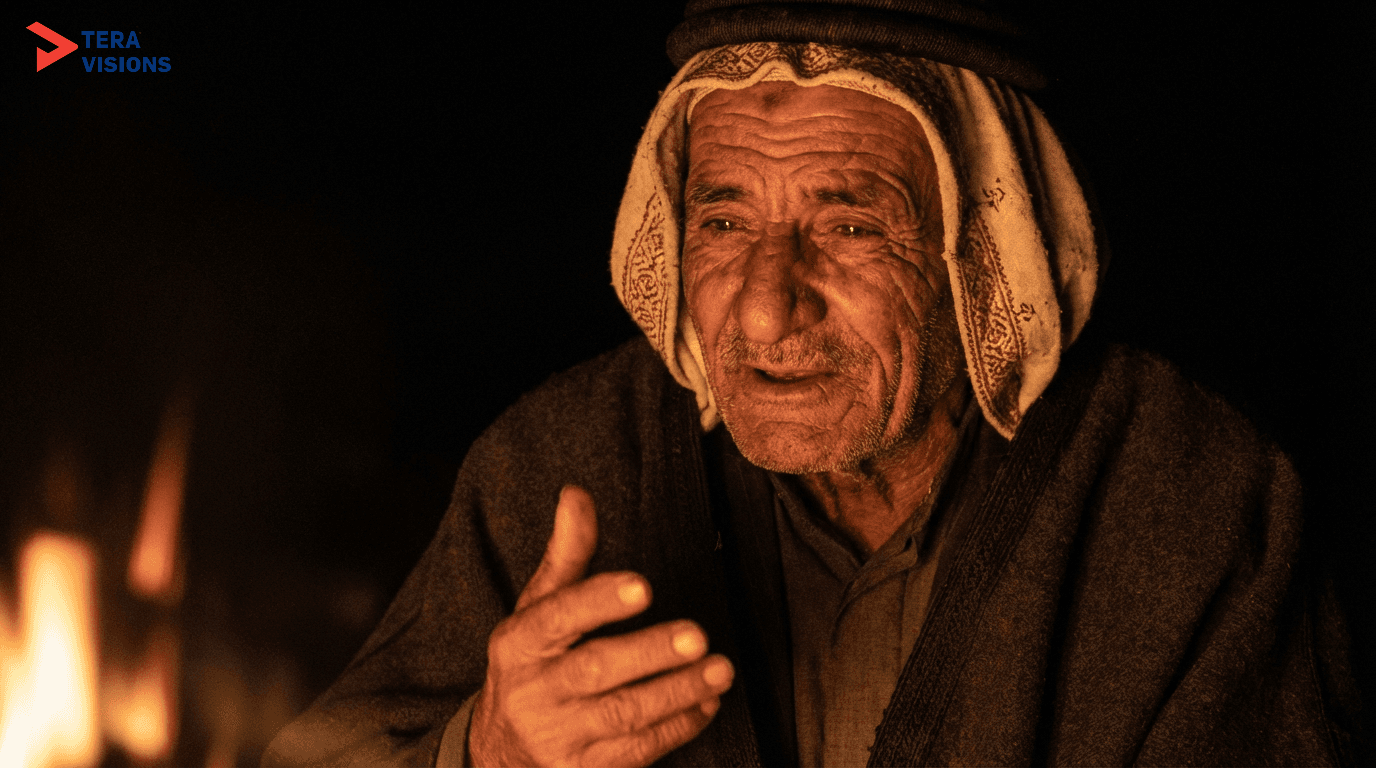 Extreme close-up portrait of an elderly Arab "Hakawati" storyteller. Dramatic Chiaroscuro lighting from campfire.