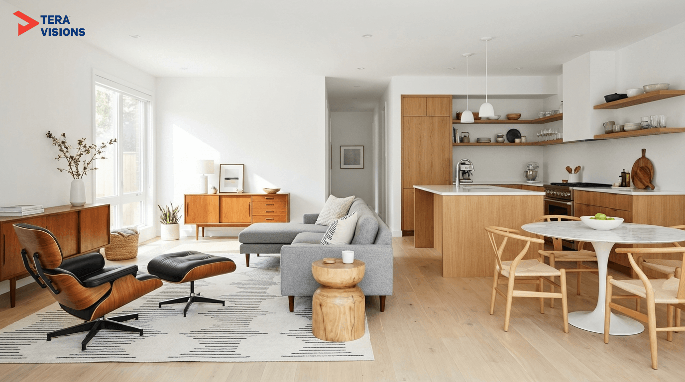Photorealistic interior design mockup of a residential home (open plan, mix of Scandinavian and Mid-Century Modern styles).
