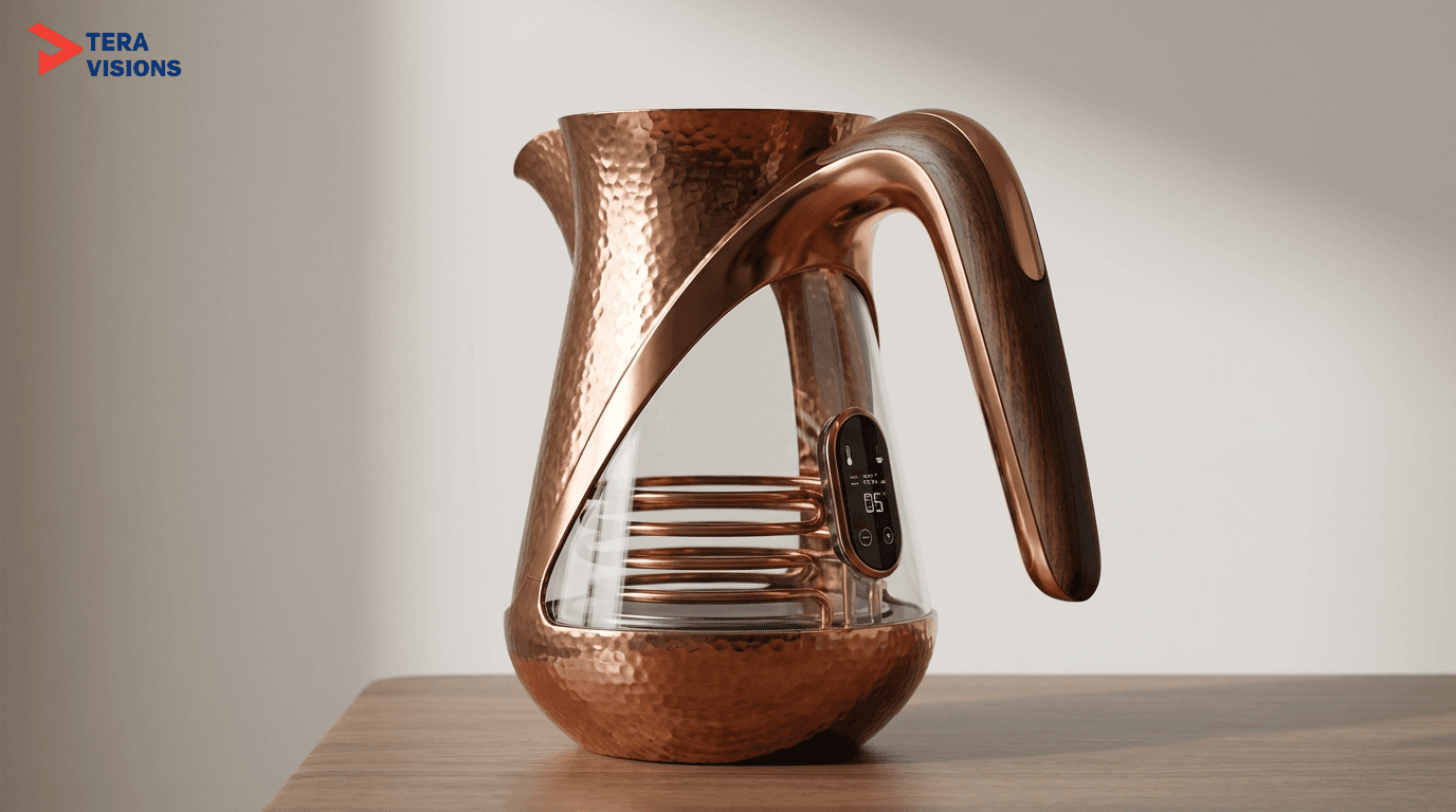 High-resolution realistic photo of a futuristic coffee Dallah combining traditional copper and transparent smart glass, ergonomic streamlined handle.