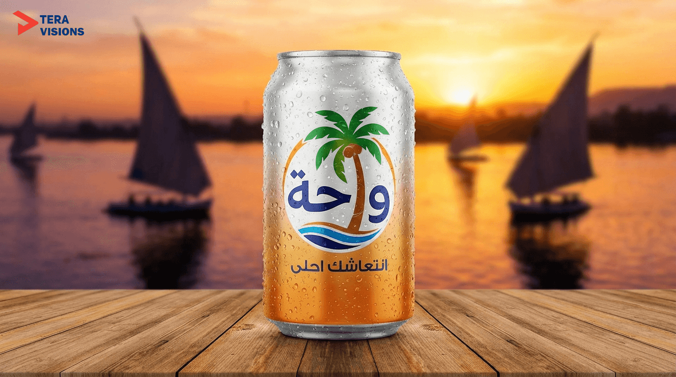 The same "واحة" drink can in an Egyptian setting with the Nile River at sunset. Slogan in Egyptian dialect: "انتعاشك احلى".