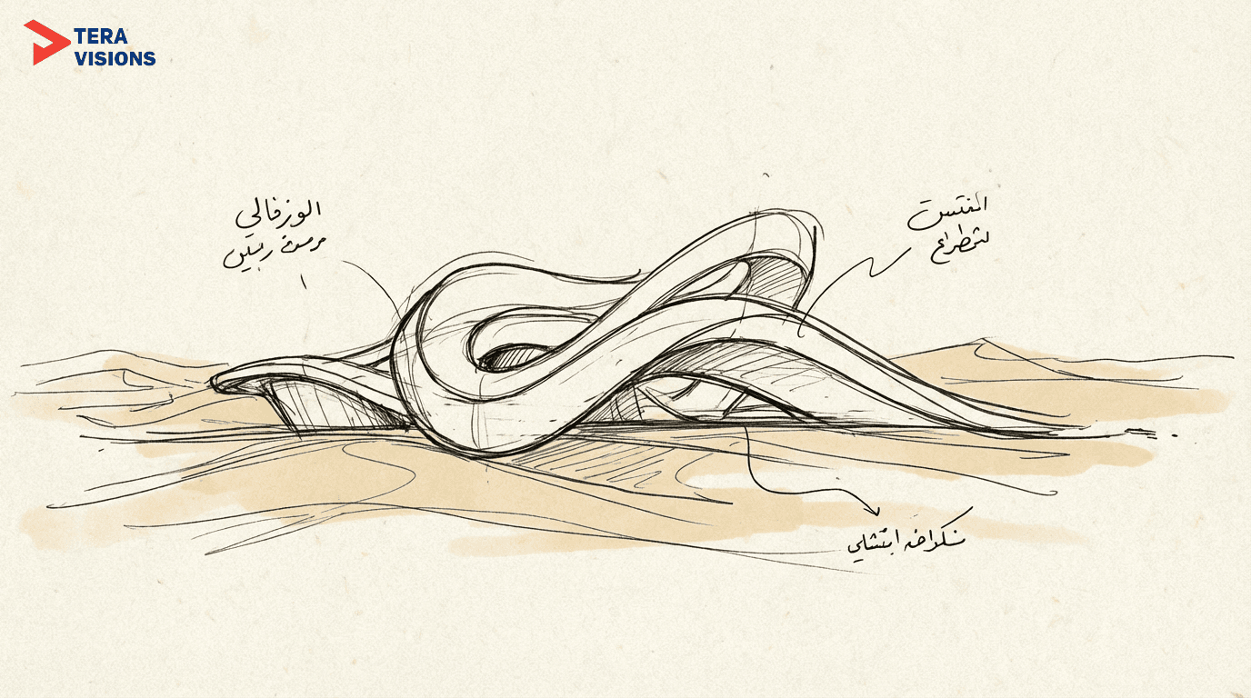 Series of 4 images showing architectural design stages for an "Arabic Calligraphy" museum in the desert, from simple sketch to realistic 3D render.