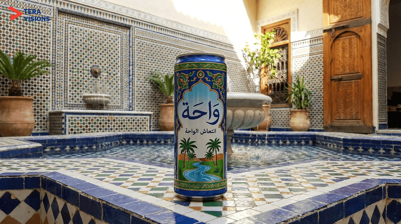 The same "واحة" drink can in a traditional Moroccan setting, inside a Riad courtyard with colorful Zellige tiles. Slogan: "انتعاش الواحة".