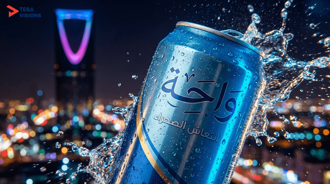 A cinematic commercial shot of a fictional soft drink can named "واحة" (Waha) with Riyadh's Kingdom Centre in the background. Slogan: "انتعاش الصحراء".