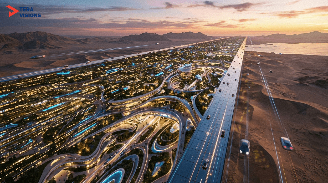 Cinematic aerial perspective of a massive futuristic city resembling "The Line" project stretching across the desert at twilight.